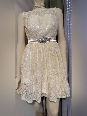 Ivory Lace Party Dress with Satin Jeweled Waistband